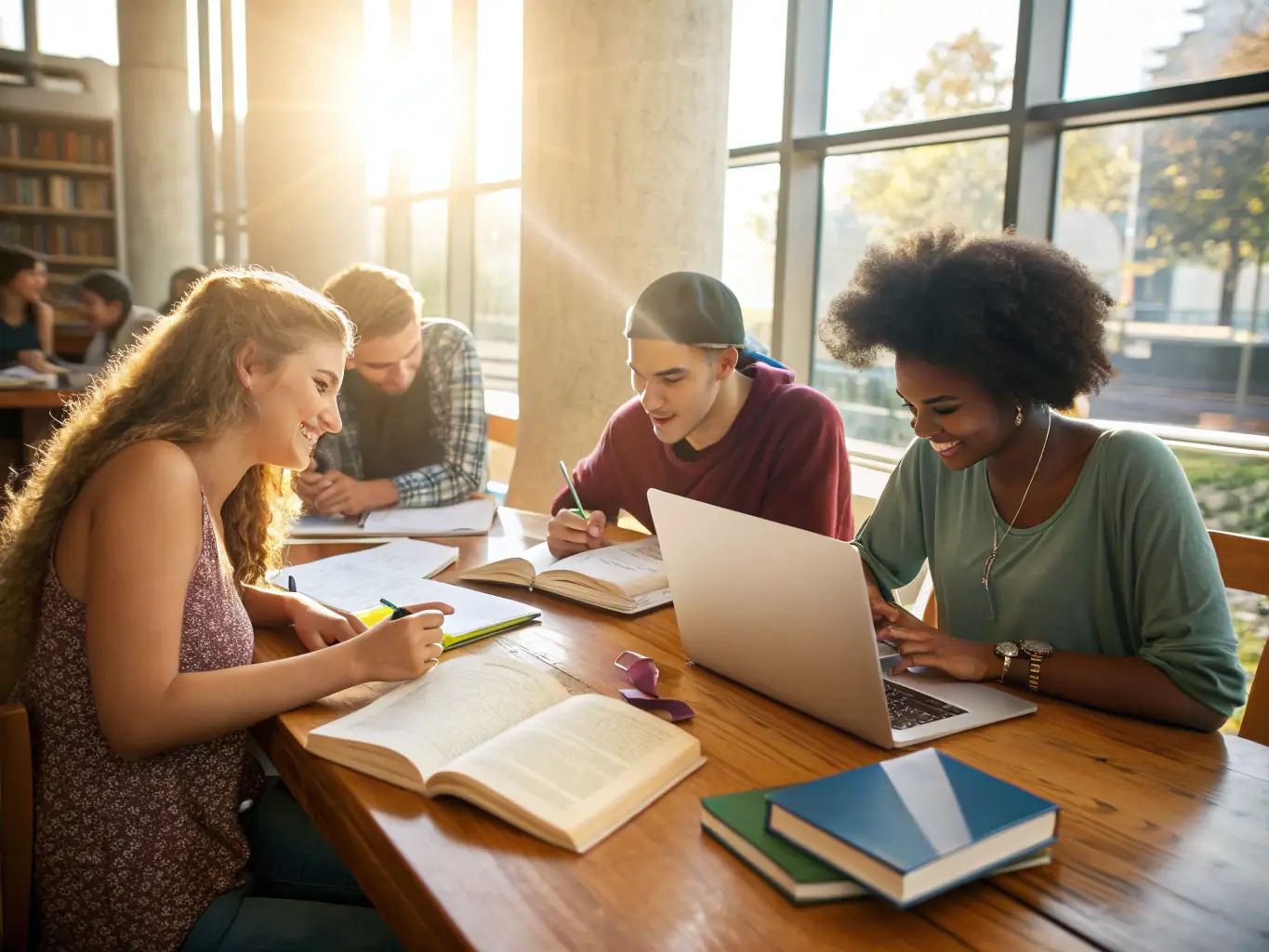 Image of a group of teachers and librarians engaged in a discussion around a table, symbolizing the library's role in fostering collaboration and community building within the educational sector.