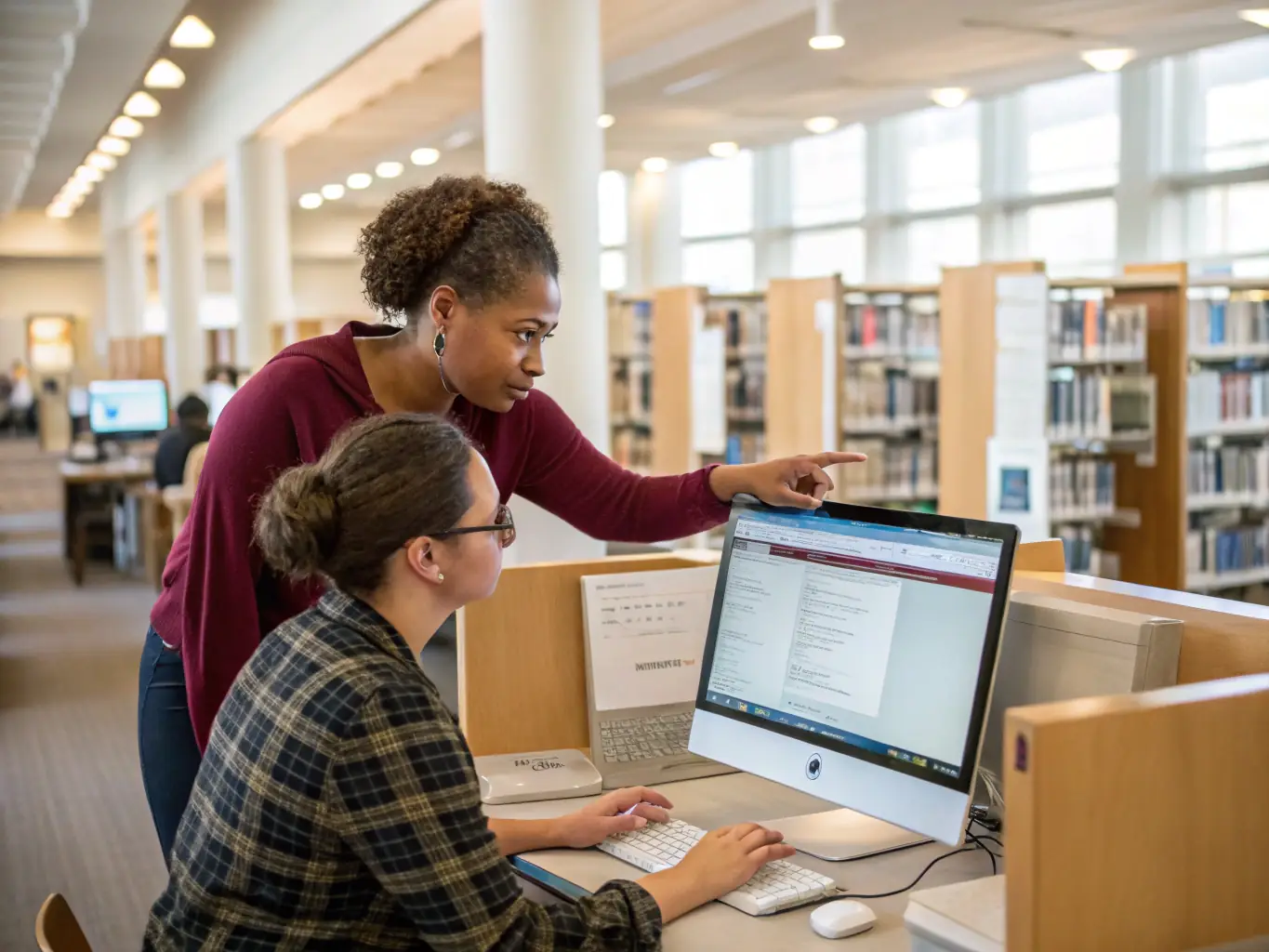 An image of a librarian assisting teachers in selecting educational materials from shelves filled with books and digital resources, showcasing the library's commitment to providing access to a wide range of resources.