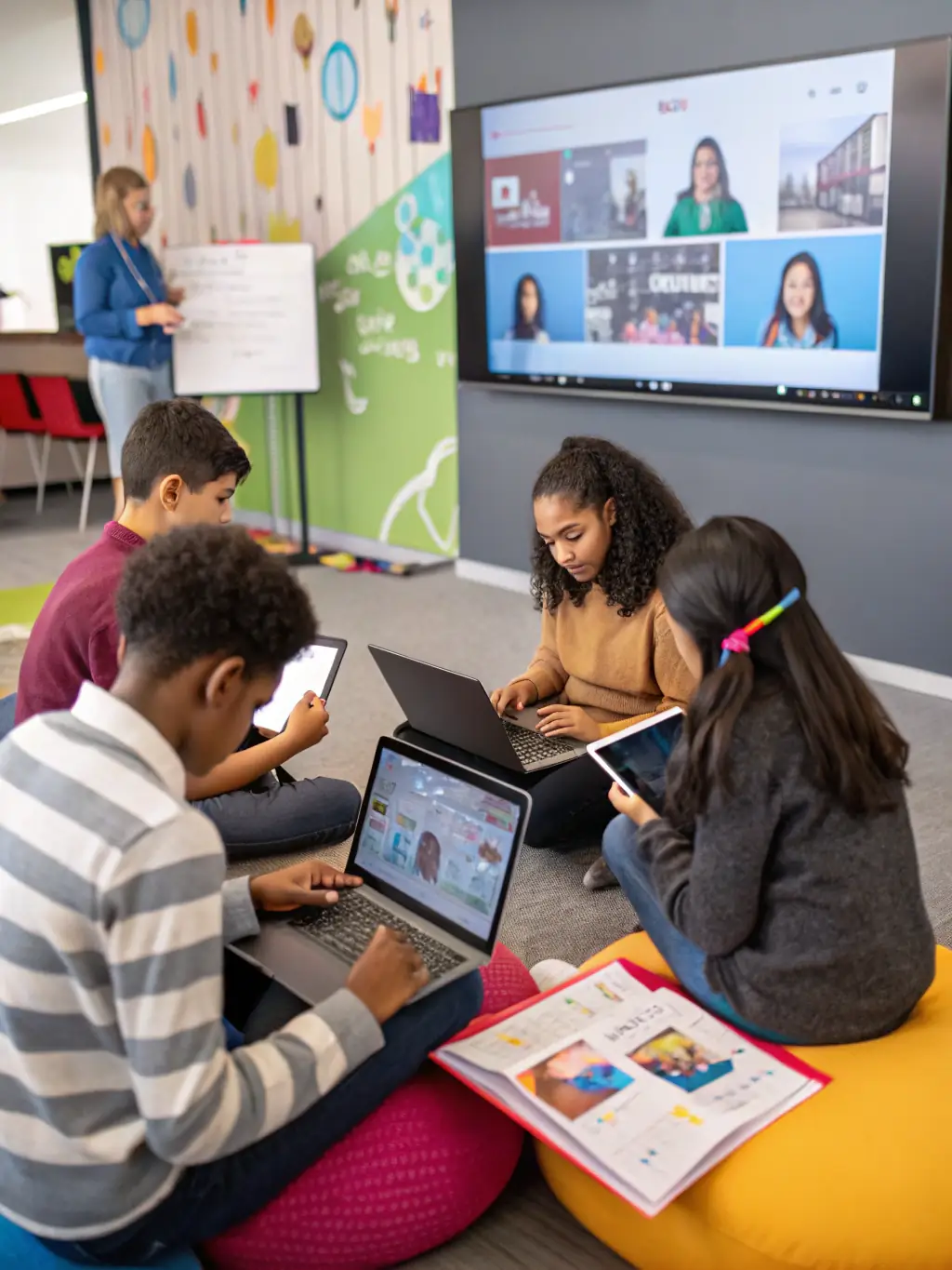 A diverse group of educators actively participating in a digital literacy workshop, using laptops and engaging with the instructor.