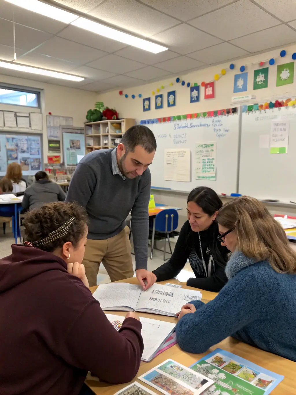 A photograph of teachers actively participating in a workshop at the Château-Thierry Pedagogical Library, focusing on innovative teaching methods.