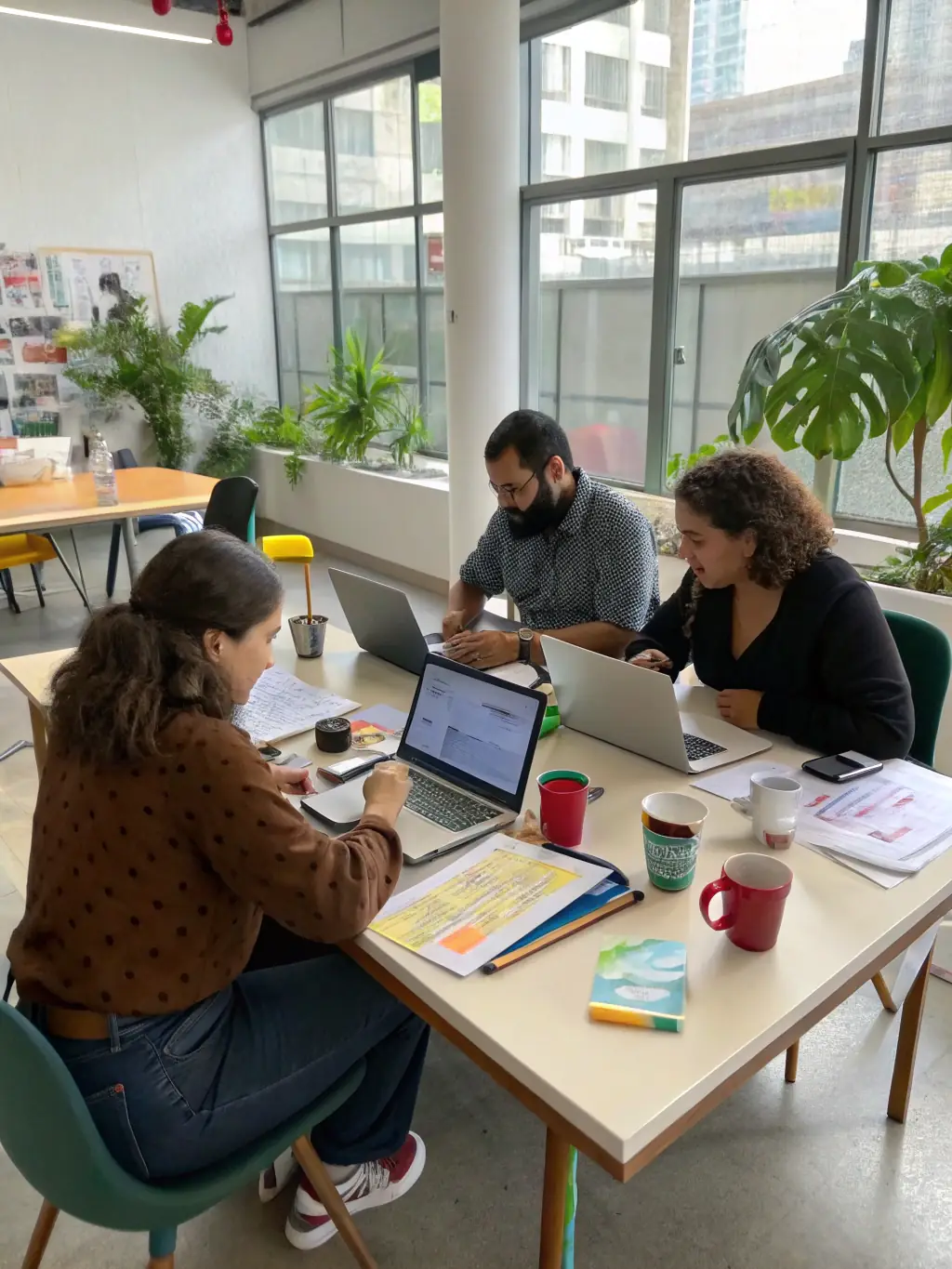 A group of educators collaborating during a consultation meeting at the Château-Thierry Pedagogical Library, discussing curriculum development.